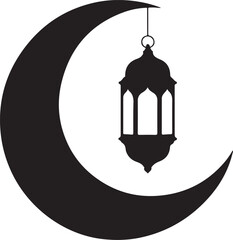 Islamic crescent moon icons with hanging lanterns,arabic lantern elements black clipart silhouette vector illustration © Babu