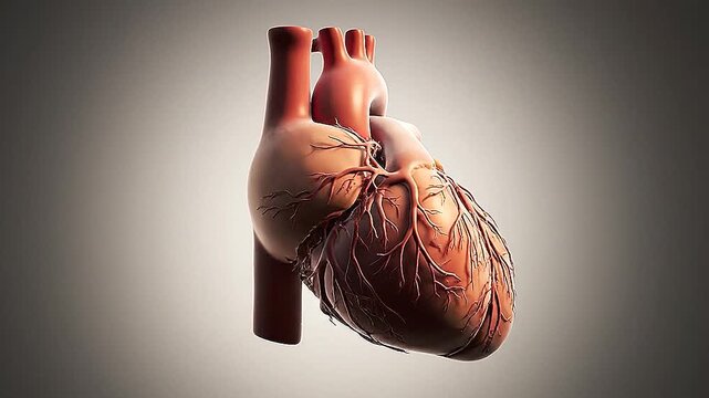 Detailed anatomical human heart floating on neutral background, clinical studio lighting, hyperrealistic medical macro photography with scientific artistic presentation.