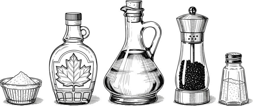 Kitchen condiment line art illustration. Maple syrup, oil bottle, pepper mill and salt shaker in detailed ink sketch style. Black and white vintage design isolated on white background.