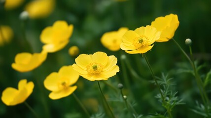Close Up of Vibrant Yellow Buttercup Flowers Blooming in a Lush Green Meadow Setting