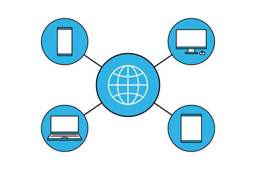 スマホやパソコンなどの様々な情報端末の通信インフラをイメージしたイラスト