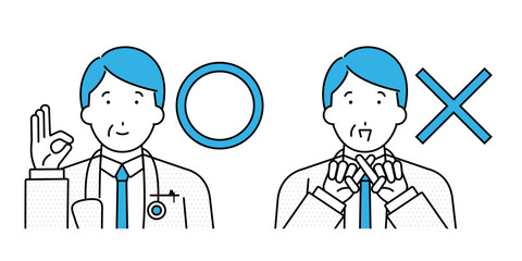 ジェスチャーでまるとばつをつくる医者のイラスト