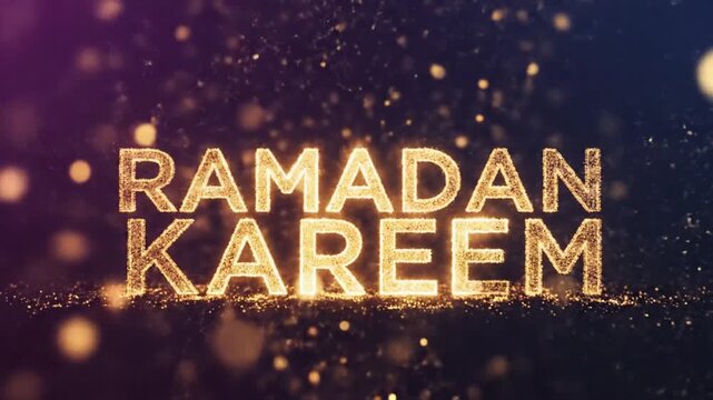Glowing Ramadan Kareem text with sparkling golden particles on dark background