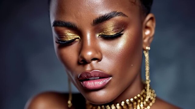 A woman with gold makeup and a gold necklace