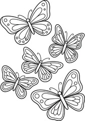 Group of five delicate outline butterflies with decorative wing patterns flying on a clean white background