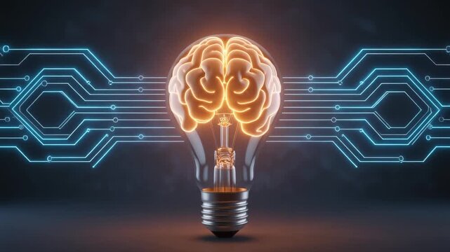 A glowing brain-shaped light bulb with circuit board designs on a dark background