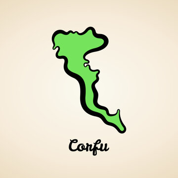 Green simplified map of Corfu with black outline.