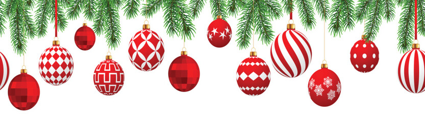 Christmas ball border, hanging red bauble background, branch © Sjdbch