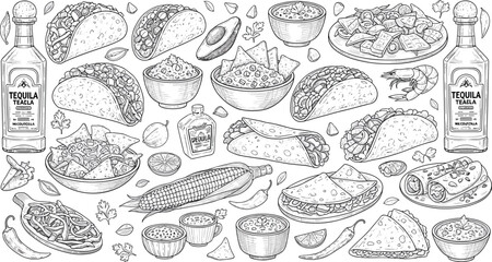 Mexican food and tequila line art illustration. Tacos, guacamole, salsa and fajitas in detailed engraving style. Black and white menu design isolated on white background.