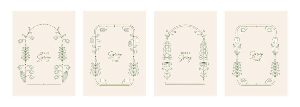 Vintage spring set of cute cards or posters in coquette style. Hand drawn whimsical frames with bows and ribbons. Lovely flowers, leaves, tulip, watering can, daffodil. Vector template for holiday.