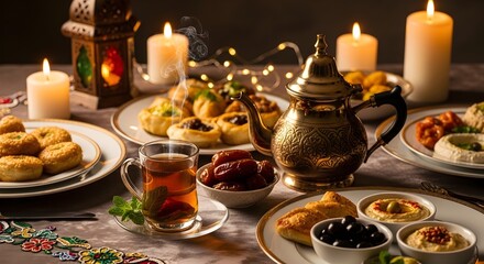 Traditional Ramadan Iftar Table with Tea, Dates and Warm Candle Light