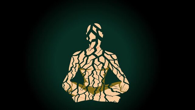 4k animation of a meditating man whose body cracks and shatters, then is pieced back together with golden seams. Japanese art of kintsugi as metaphor for healing and resilience.