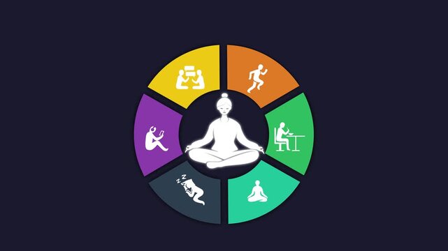 4k animation. A girl sits centered in a wellness wheel with 6 icons: sleep, healthy food, exercise, social, hobby, mindfulness. Perfect for self-care, health, and wellness content.