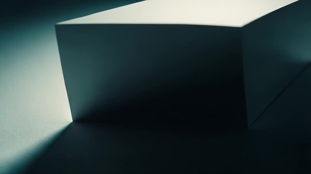 Minimalist abstract artwork of intersecting geometric planes, crisp edges and gradients of deep blue and subtle green, emphasizing light, shadow, contrast and serene negative space