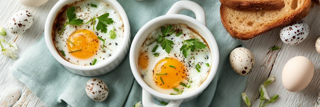 Top Down View of Oeufs en Cocotte with Sourdough Toast and Spring Easter Decor