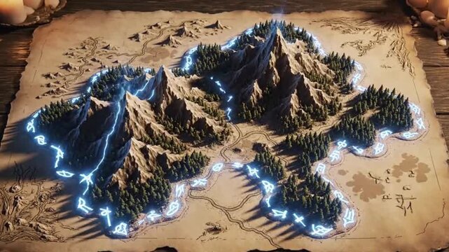 Epic Fantasy Map &mdash; Rising 3D Terrain with Luminous Runes Seamless Loop