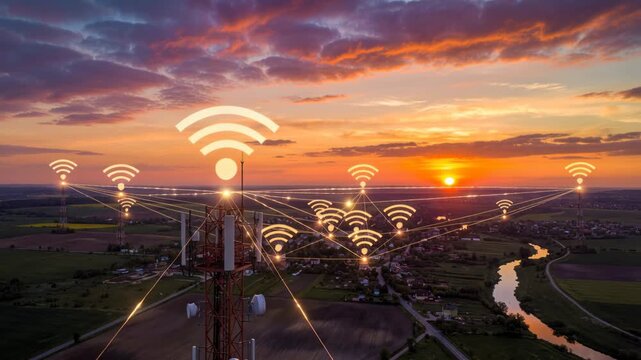Antenna technology communication tower at sunset connecting rural village with wireless network signals and glowing connectivity across golden sky