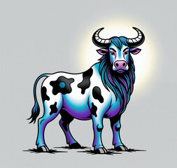 Obraz premium a bull standing on a gray background. The bull is facing towards the right side of the image and is standing upright with its head turned slightly