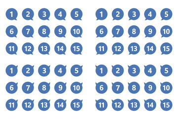 吹き出しの番号マークのセット　「1」から「15」まで　4方向　背景透過　青色
