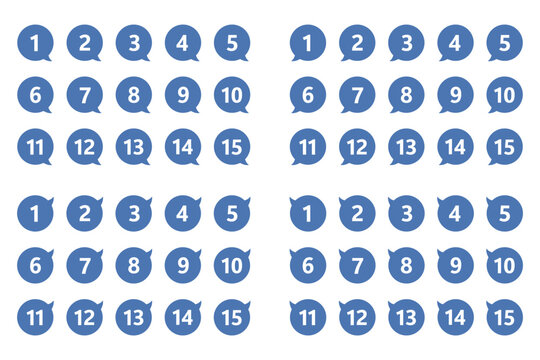 吹き出しの番号マークのセット　「1」から「15」まで　4方向　背景透過　青色
