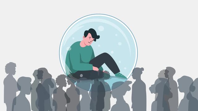 4k flat vector animation of a depressed man sitting inside a transparent bubble. A busy crowd walks past him outside, symbolizing loneliness and social isolation.