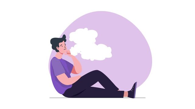 4k flat vector animation. A thinking man is flooded by numerous thought bubbles until he is pushed backward, then the thoughts vanish. Represents mental overload and clarity.