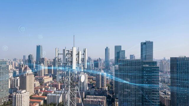 Antenna technology connecting city skyline and rooftop communication tower with network signal for urban communication and modern city infrastructure