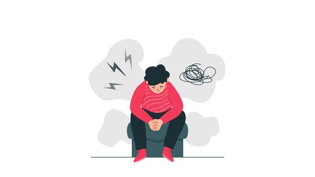 4k flat vector animation. A depressed man sits sadly. Behind him, a human shadow with a head made of tangled threads symbolizes confusion, mental knots, and inner turmoil.