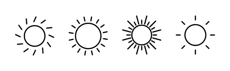 Collection of sun icons in outline style representing daylight and weather elements © Abuk