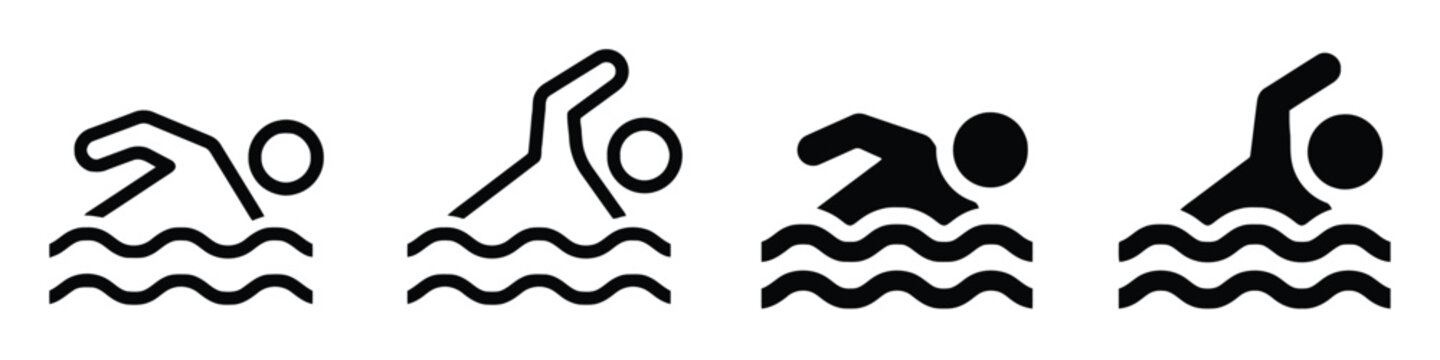Collection of swimming icons depicting swimmers in water with waves