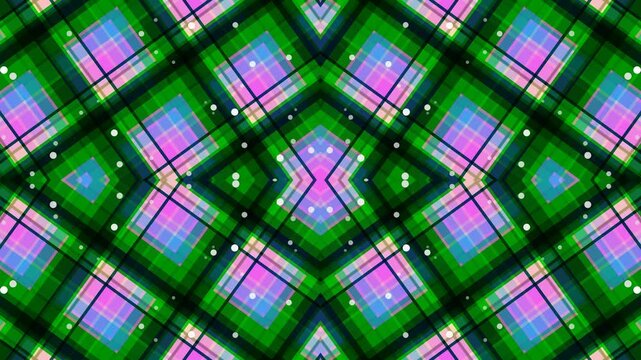 Vibrant patterns of diamonds and squares in a kaleidoscope of green and purple hues, creating a mesmerizing abstract illustration from a top viewpoint.