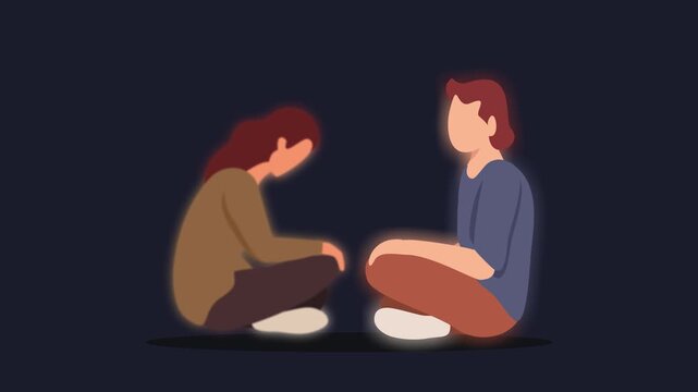 Two Characters Sharing Light Empathy Connection Support Loop
Deskripsi: 4k flat vector animation. Two people sit facing each other, exchanging glowing light from their hearts. Symbol of empathy, mutua