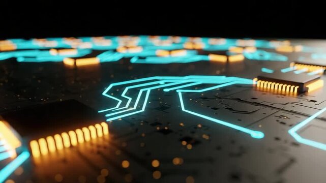 Circuit board with glowing blue lines and golden microchips  