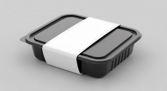 Black plastic food container with white label on gray background