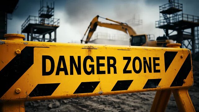  Cinematic close-up of a worn yellow construction barrier with bold black text reading &ldquo;DANGER ZONE&rdquo; and diagonal black hazard stripes.