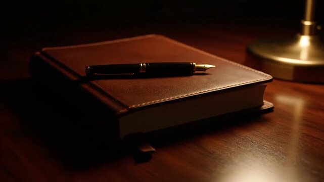 Leather Bound Book with Pen on Desk.