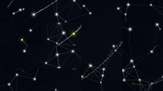 A constellation pattern of stars connected by lines is visible in the night sky
