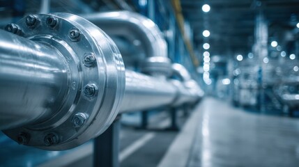 Close-up of industrial pipes and flanges in a factory