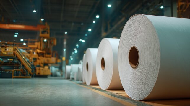 Large rolls of paper in a manufacturing plant