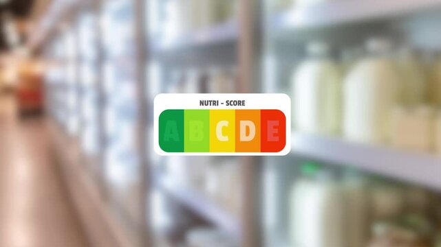 Nutri Score nutrition label. Colored labels A, B, C, D, E as symbols for comparative nutritional quality ratings of foods