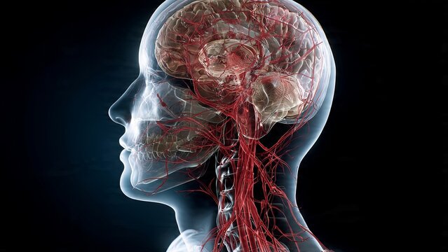 Side profile of a human head showing transparent skull with visible brain and intricate vascular system