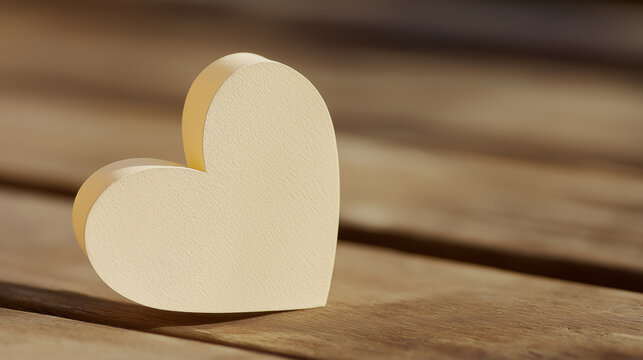 Beige paper heart shape displaying love and care, positioned on a sunlit wooden table, creating a warm and romantic atmosphere with gentle shadows for celebrations, copy space