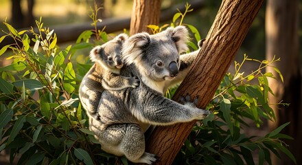Fototapeta premium Koala bear cub climbing tree