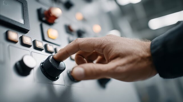 Man turning industrial control knob on a machine panel. Manufacturing process automation and precision engineering concept.