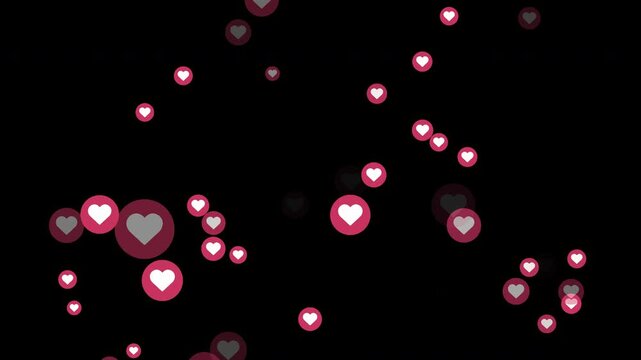 Red and white hearts that represents likes on social media network are flowing in the air on transparent background, alpha channel. Overlay animation for your image, video.