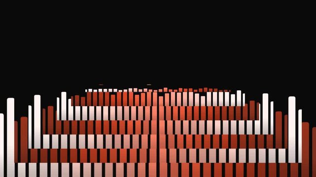 Red and white sound wave bars aligned on a black background from a side viewpoint, illustrating an audio visualization graphic
