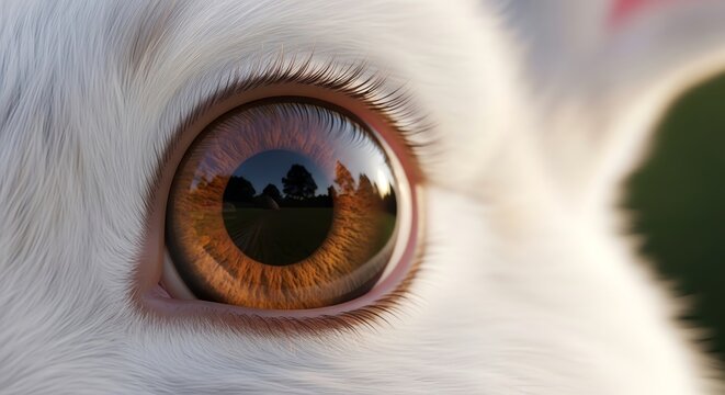 Close-up of a white animal's eye with brown iris, isolated on blurred background