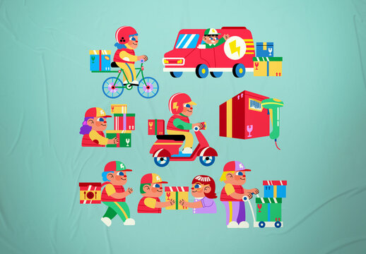 Blue Flat Design Delivery Courier Character Pack