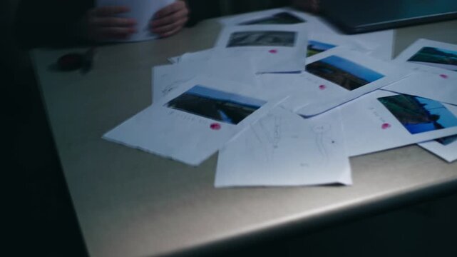 Prisoner and investigator shaking hands over evidence photos