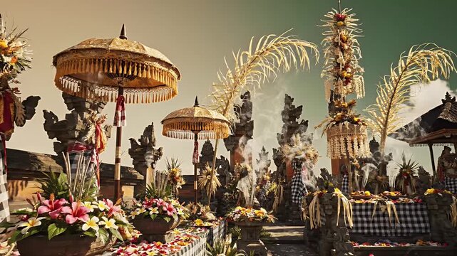 Galungan Celebration Background with Ivory to Tropical Green Gradient, Ceremonial Umbrellas, Flowers, and Incense Smoke